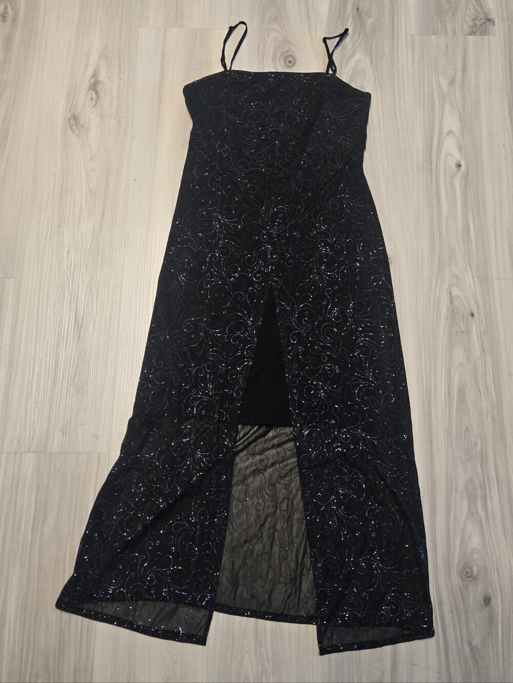 Y2K Vintage Next Up Black Glitter Sparkle Mesh Overlay Slit Maxi Dress / Size M